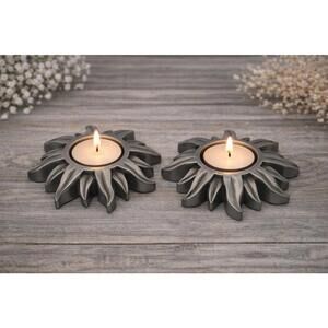Set of 2 Pewter Color Decorative Metal Sun Tea Candle Holders